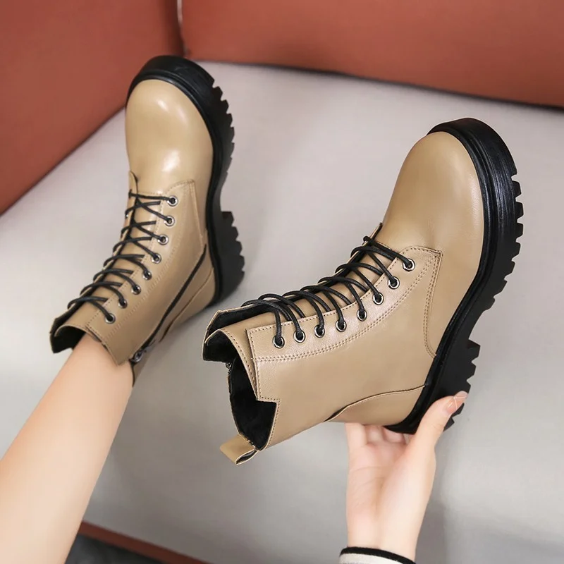Women's Boots Lace-up Platform Ankle Boots Women Fashion Black Boots Plus Velvet Warm Snow Boots Winter Short Boots Women