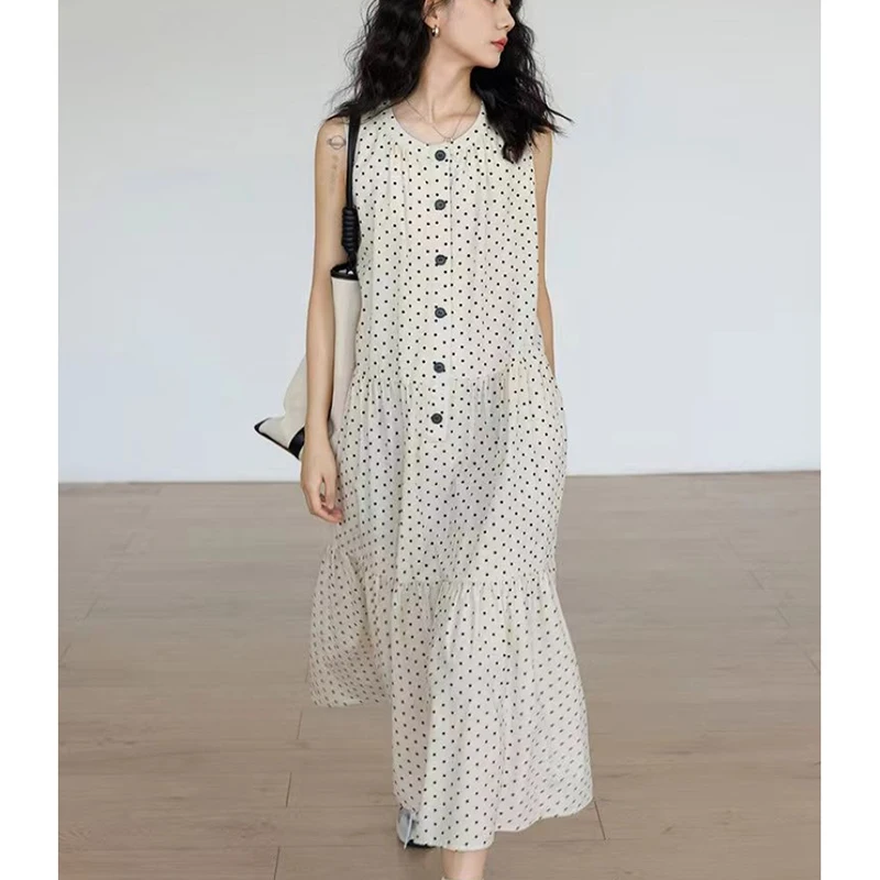 Французское длинное платье-жилет в горошек женское элегантное платье-майка с