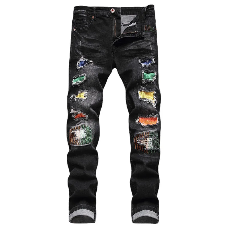 

Men's Patchwork Ripped Jeans Trendy Holes Patches Design Slim Straight Denim Pants Men Streetwear Trousers Jean Homme