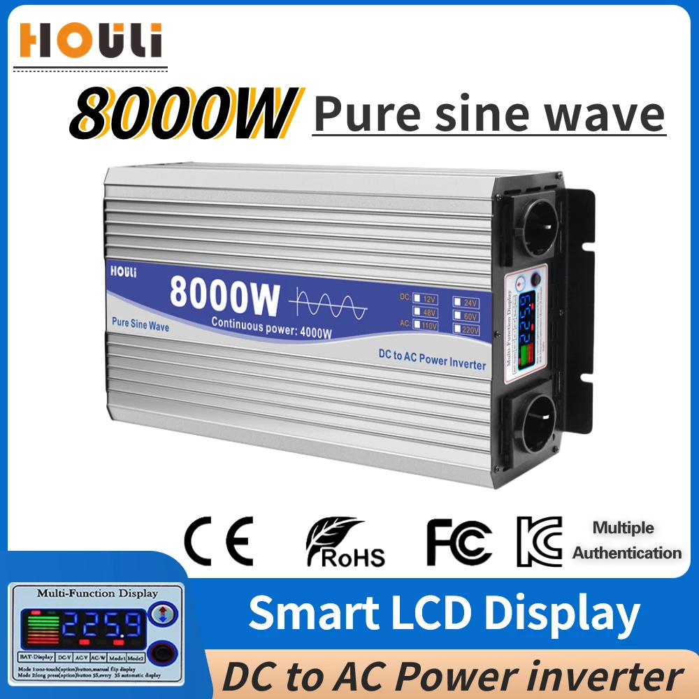 

Pure Sine Wave Inverter 12v 220v 6000W 8000W Converter DC 24V 48V To AC 230V Invertor Solar Off Grid Car Power Transformer LCD