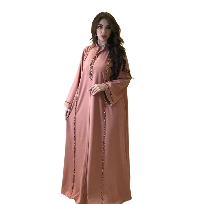 

Morocco Abaya Women Dress Diamond Tape Trim Maxi Dress Autumn 2022 Stand Collar Long Sleeve Loose Oman Turkey Dubai Muslim Robe