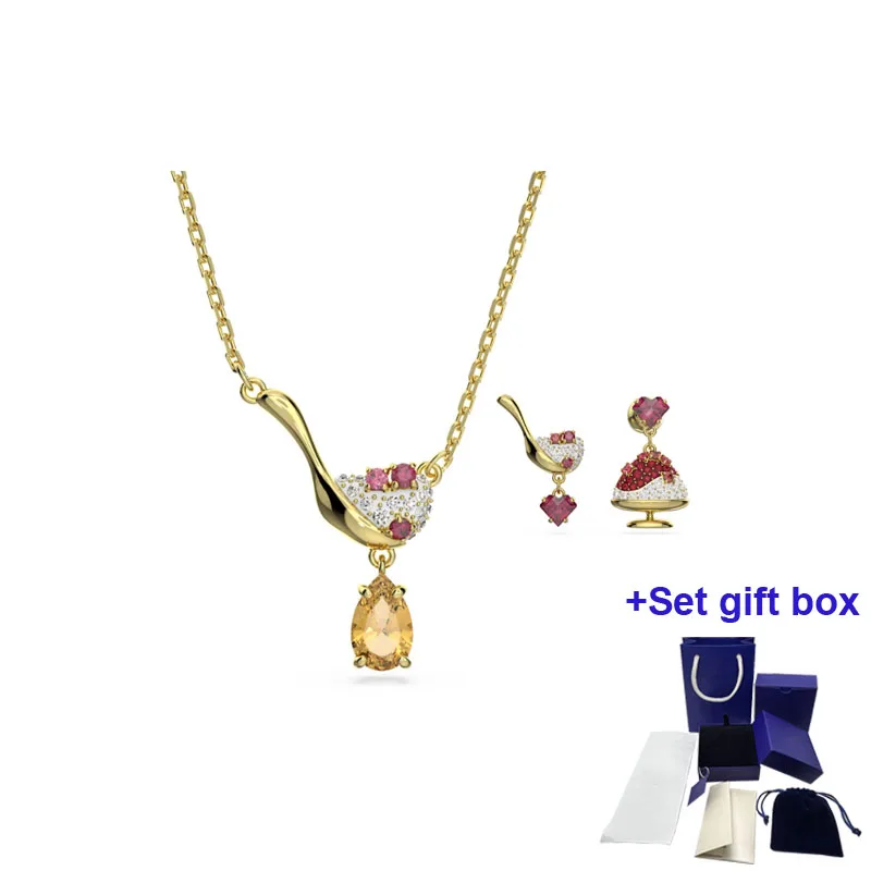 

S Fashion Trend High Quality Jewelry Red Bean Series Dessert with Citrine Necklace Earrings Set Exquisite Gift Box