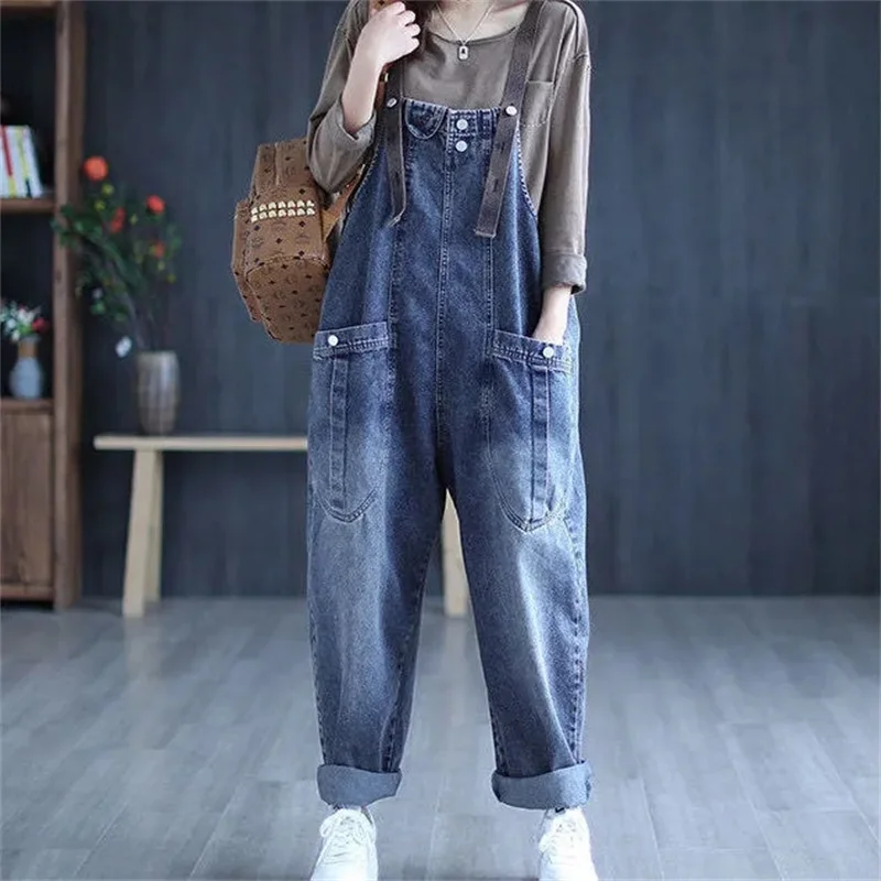 Комбинезоны Jumpsuit Women's Jeans Rompers New Retro Big Pocket Loose Denim Overalls Casual Fashion Large Size Wide-leg Overalls