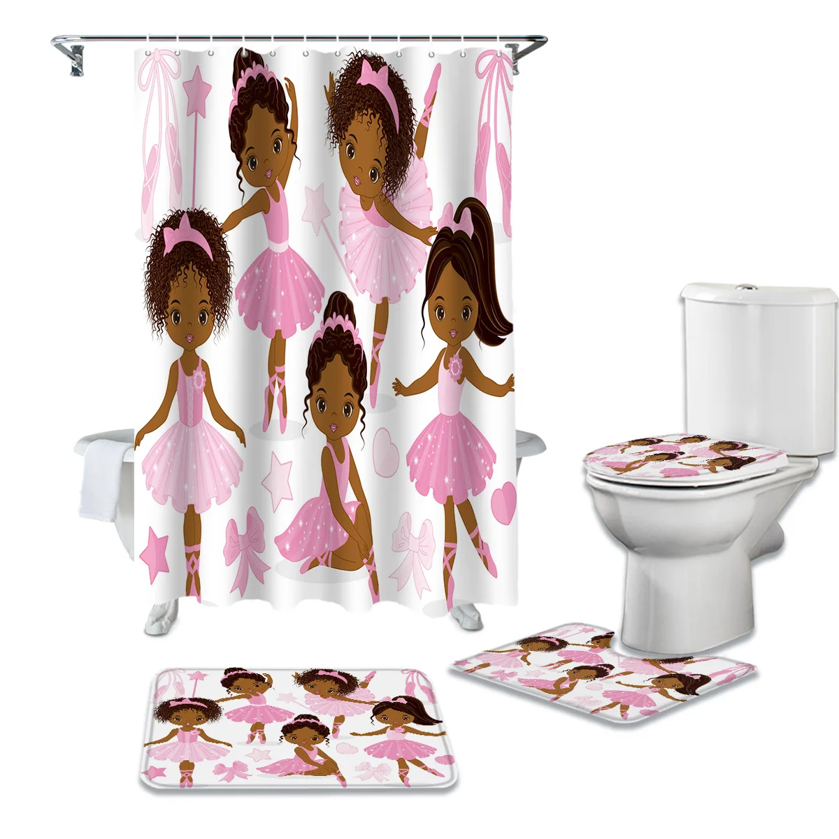 

Набор занавесок для душа с милым принтом балерины и звезд с бантом, ковер, крышка для унитаза, коврик для ванной комнаты, бытовой