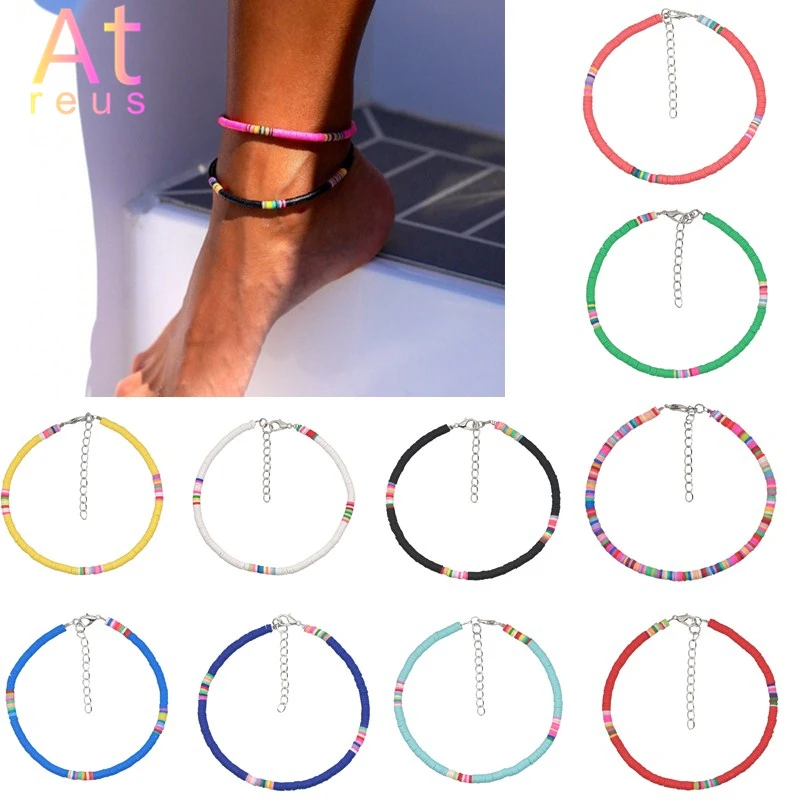 

1pc 4mm New Polymer clay Beaded Anklet For Women Blue Beads Silver Plated Ankle Chain Bracelet Girls Shell Barefoot Jewelry