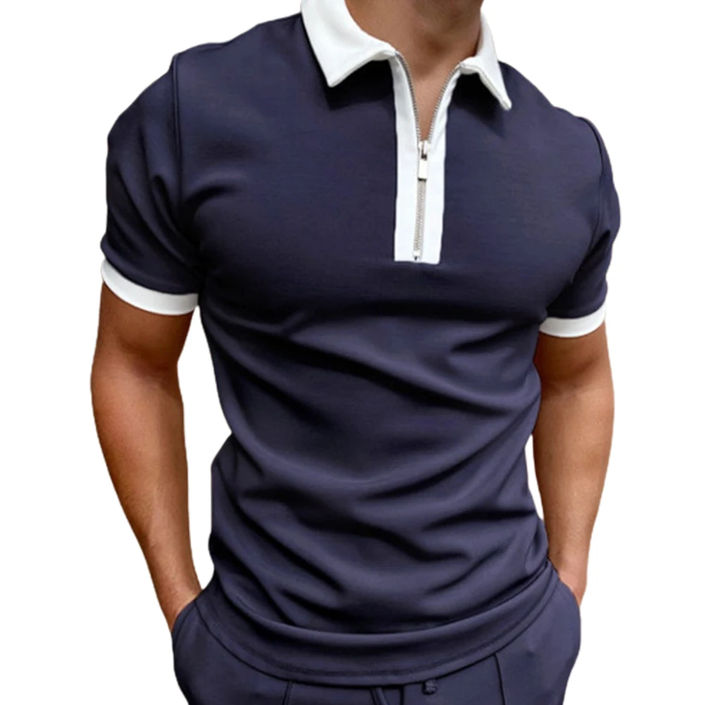 

Mens Polo Shirt Summer Fashion Short Sleeve Zipper Turn Down Collar Men Tops Slim Fit Color Patchwork Mens Polo Shirts