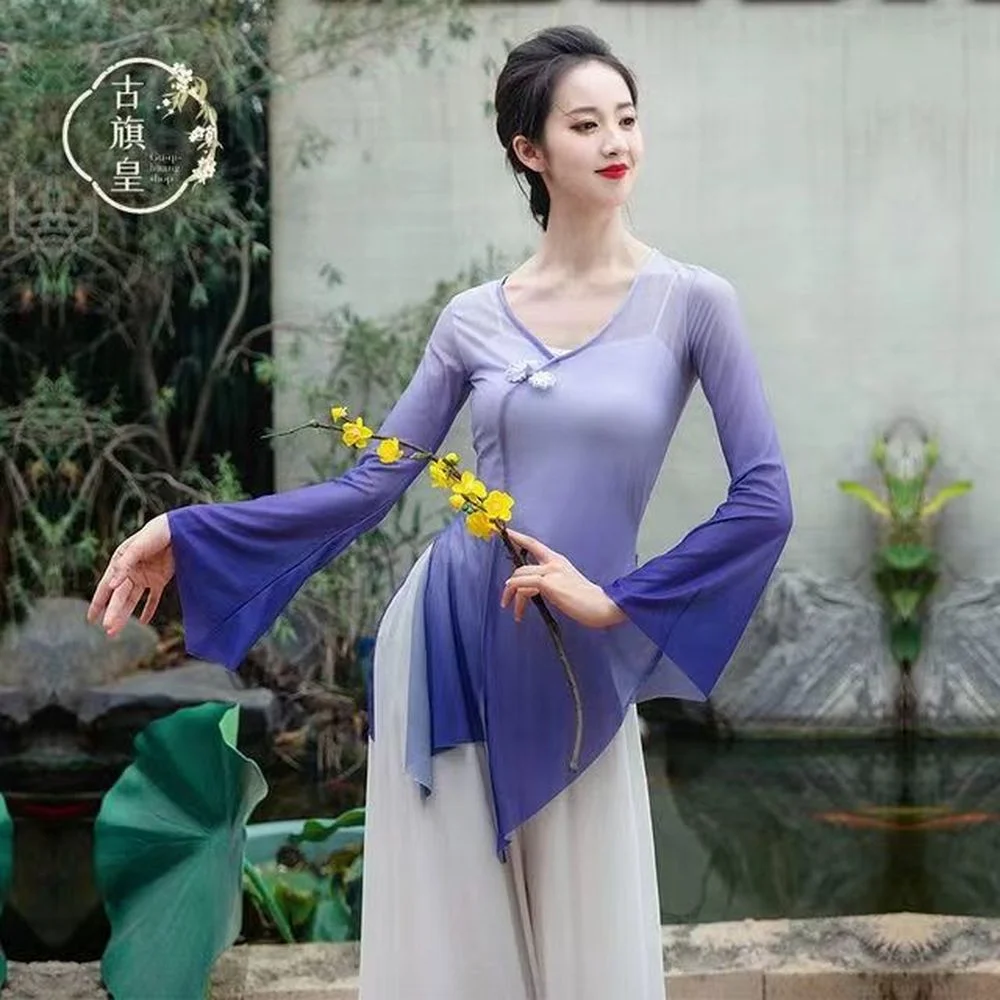 Green Purple Gradient Gauze Shirt Women Classical Dance Top for Art Test Daily Practice Chinese Folk Dance Clothes