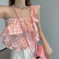 2021 summer sexy irregular off shoulder ruffled crop tops casual single breasted sleeveless plaid ruffles vest womens clothes