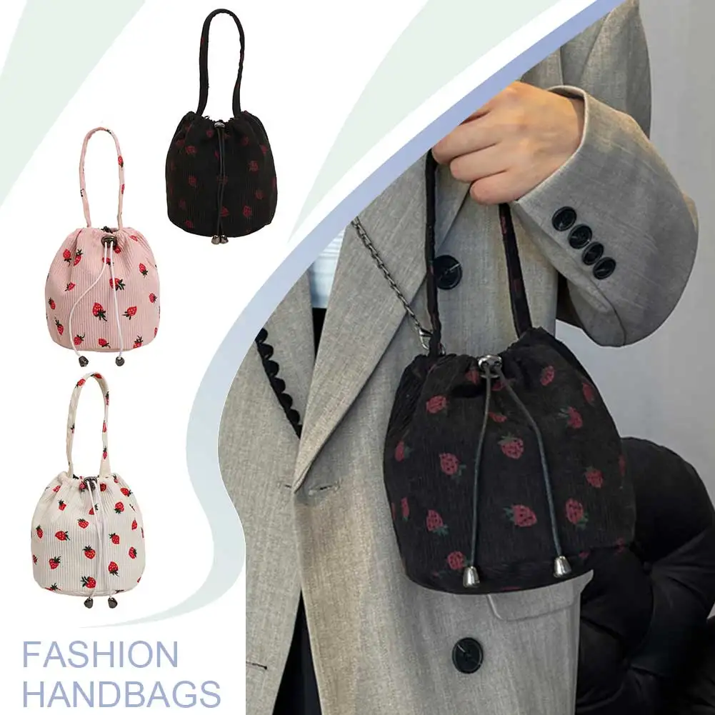 Женская вельветовая сумка-ведро с клубникой и ремешком-цепочкой модная сумка на