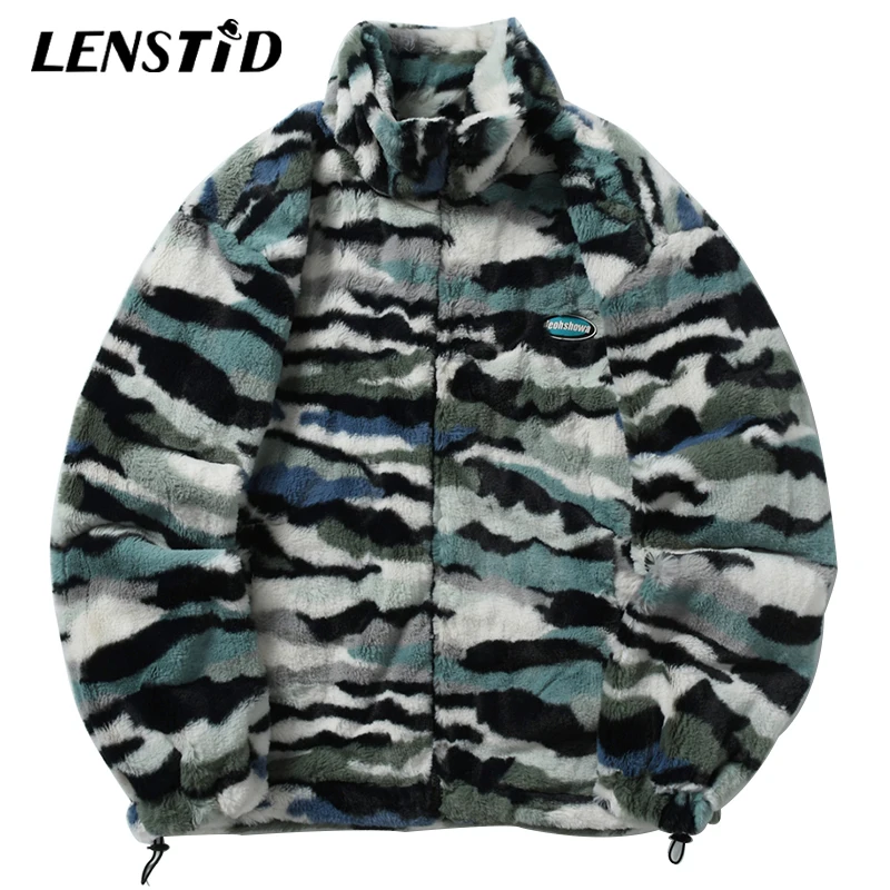 

LENSTID Winter Men Faux Rabbit Fur Jackets Hip Hop Tie Dye Zebra Striped Windbreaker Streetwear Harajuku Casual Outerwear Coats