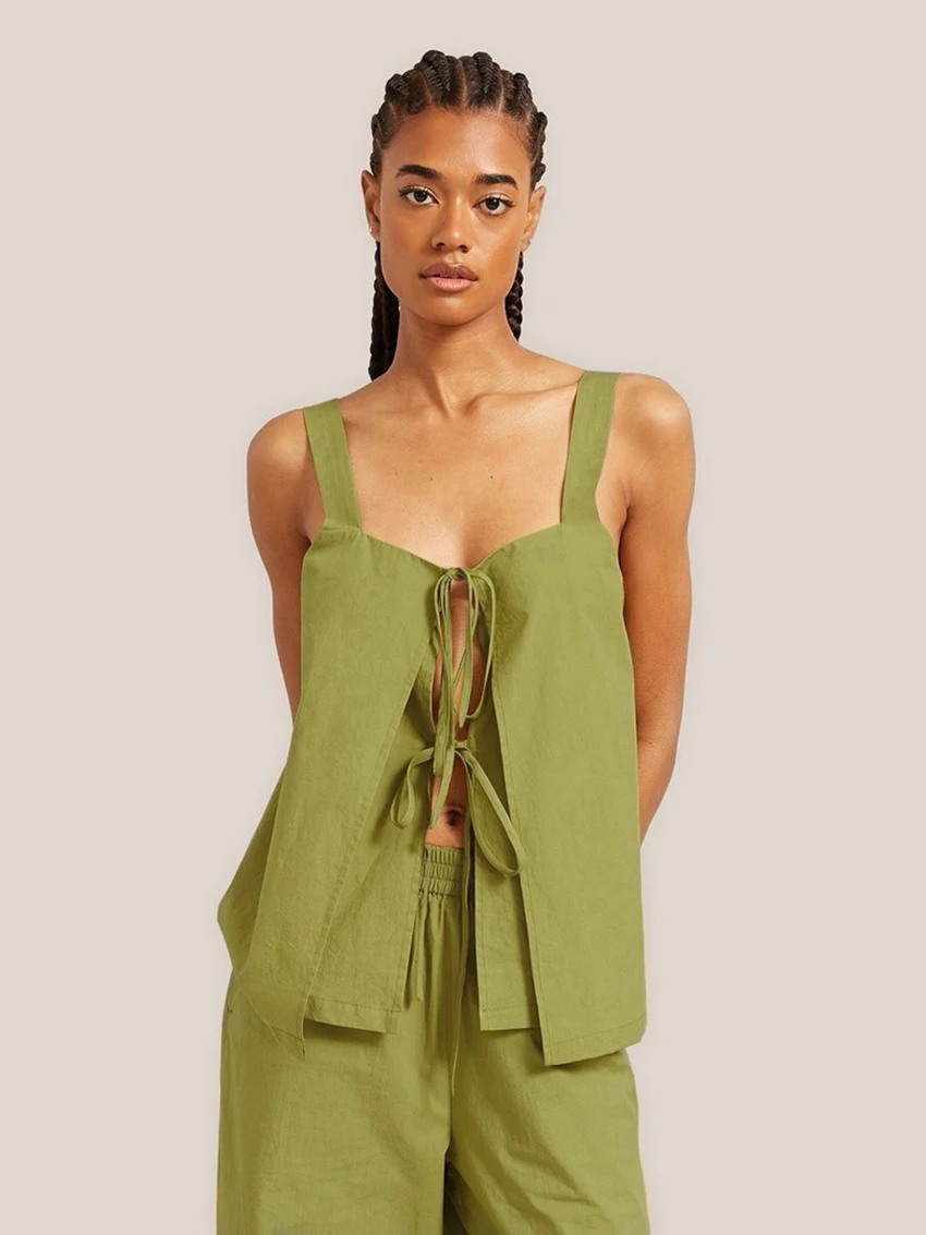 Marthaqiqi Green Women'S Pajamas Sets Tank Tops Lace Up Sleepwear Sleeveless Nightwear With Wide Leg Pants Femme Home Clothes