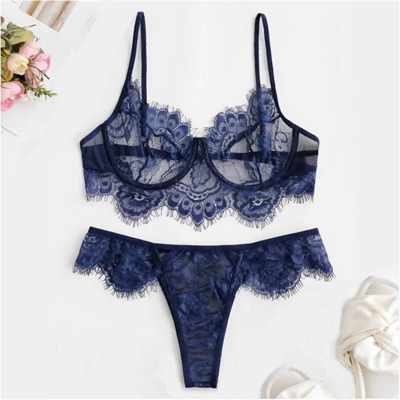 

Ultrathin Perspective Sexy Push Up Babydoll Bra Underwear Briefs Underwire Lace Eyelash Lingerie Set