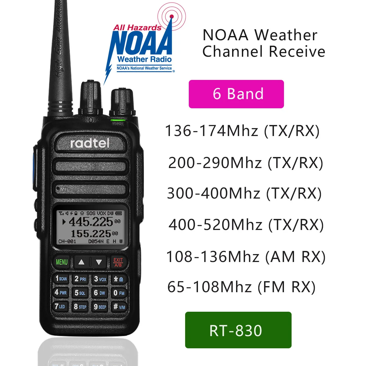 Radtel RT-830 NOAA Weather Channel 6 Bands Amateur Ham Two Way Radio 128CH Walkie Talkie Air Band Color Police Scanner Marine