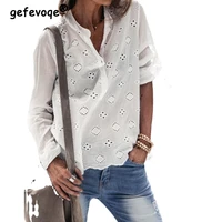 stand collar hook flower hollow long sleeve casual white shirt spring new stylish streetwear y2k blouse female button top women