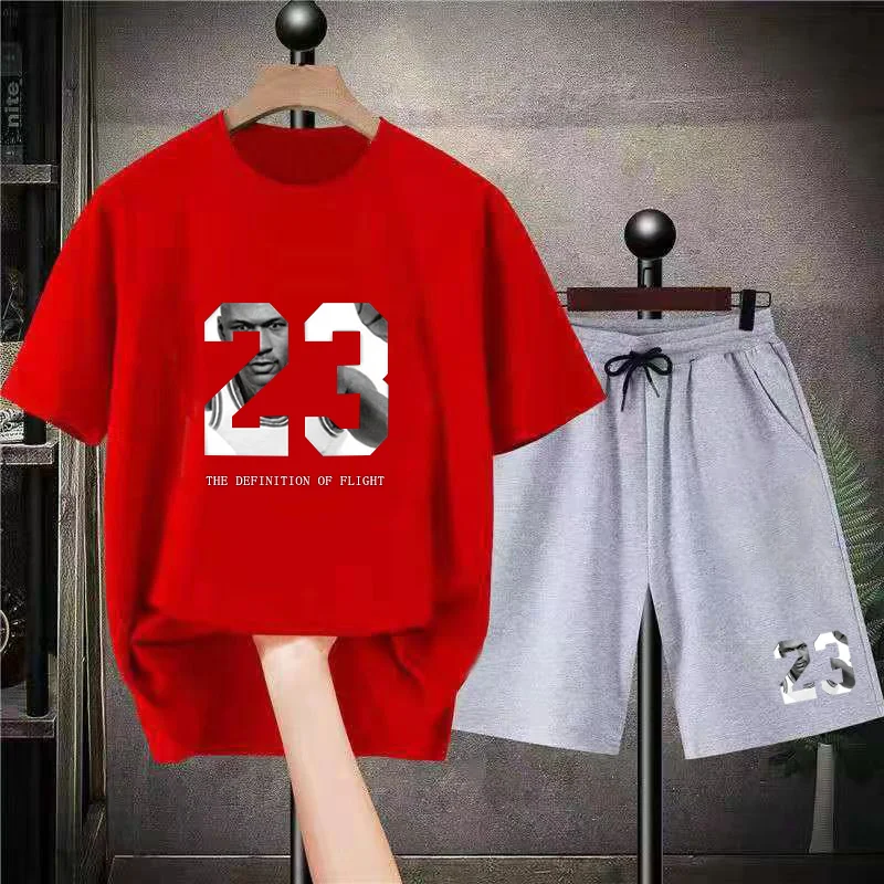 Kaus Olahraga Gambar Cetak Pria Celana Pendek Set 2 Buah 100% Katun Baju Olahraga  Lengan Pendek Celana Olahraga  Streetwear