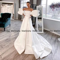 weilinsha detachable sleeve white vestido de novia high quality satin 2022 new belt strapless bridal gowns wedding dresses 2022