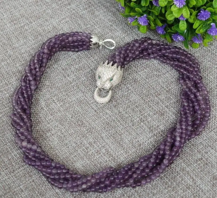 Новое круглое ожерелье из натурального аметиста 8strds 45 см с циркониевой застежкой