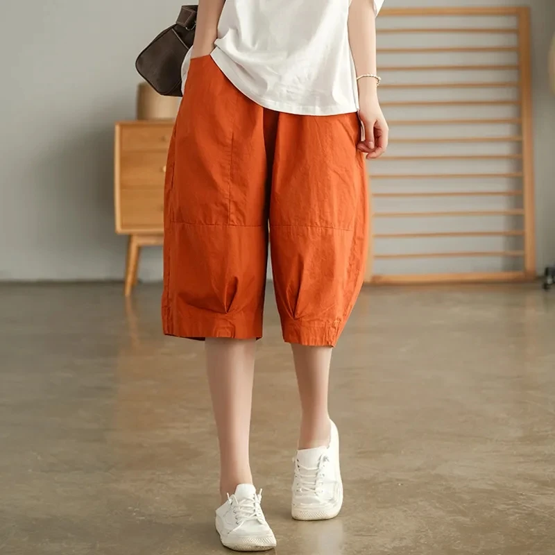 

Womens Summer Calf Lenght Pants with Pockets Female Cotton Elastic Waist Casual Loose Short Pant Woman Cotton Beach Shorts