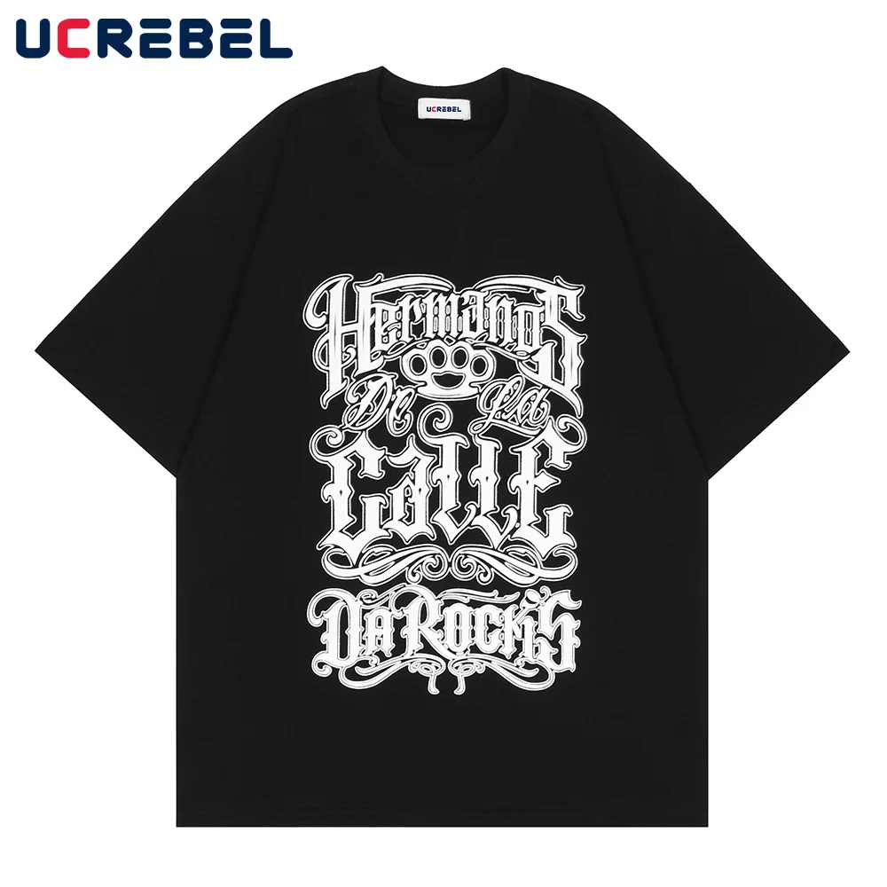 

Letter Print Short Sleeve T-shirt Mens Summer Streetwear Loose Round Neck Top Shoulder Drop Casual Half-Sleeve Cotton Tee Men