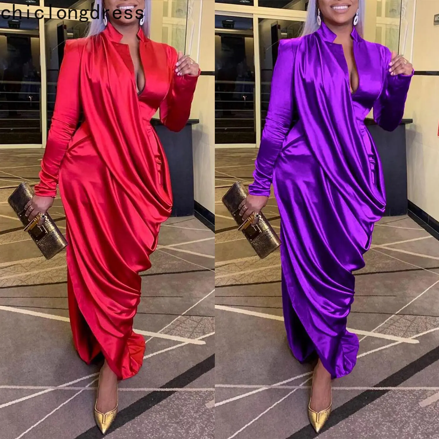 

Весна-Осень 2023, модное элегантное атласное вечернее платье, женское пикантное свободное платье с глубоким V-образным вырезом и длинным рука...