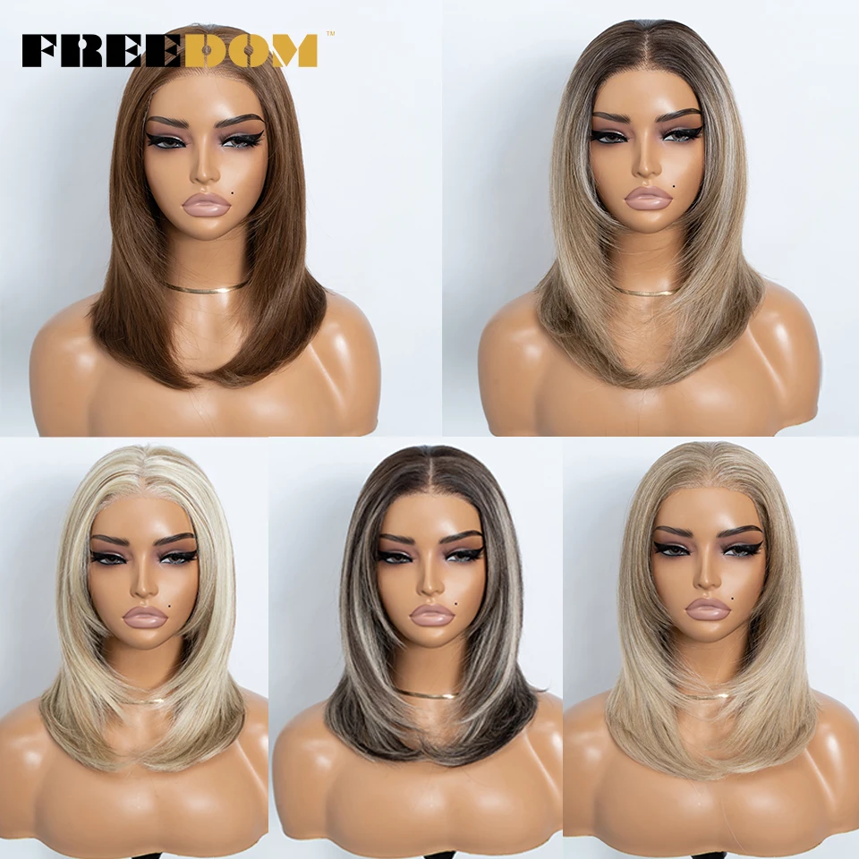 Фото Синтетический парик FREEDOM Straight Bob с многослойной прической, парик с кружевной передней частью для женщин, 13x3, предварительно выщипанный, омбре, блонд, с возможностью свободной расчески, парик с фронтальным кружевом №2