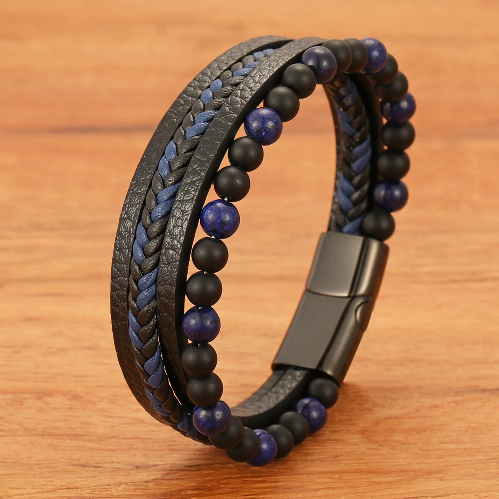 

Retro Style Men's Frosted Bead Multi-Layer Leather Bracelet Jewelry Wholesale