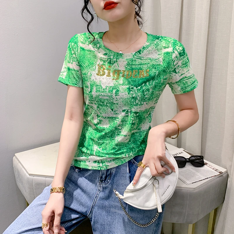 2023 New Summer Vintage Clothes T-Shirt Chic Sexy O-Neck Print Shiny Diamonds Women's Tops Short Sleeve Drilling Hot Tees 33176