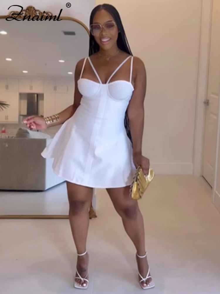 Znaiml сексуальное белое короткое платье на тонких бретельках с открытой спиной для