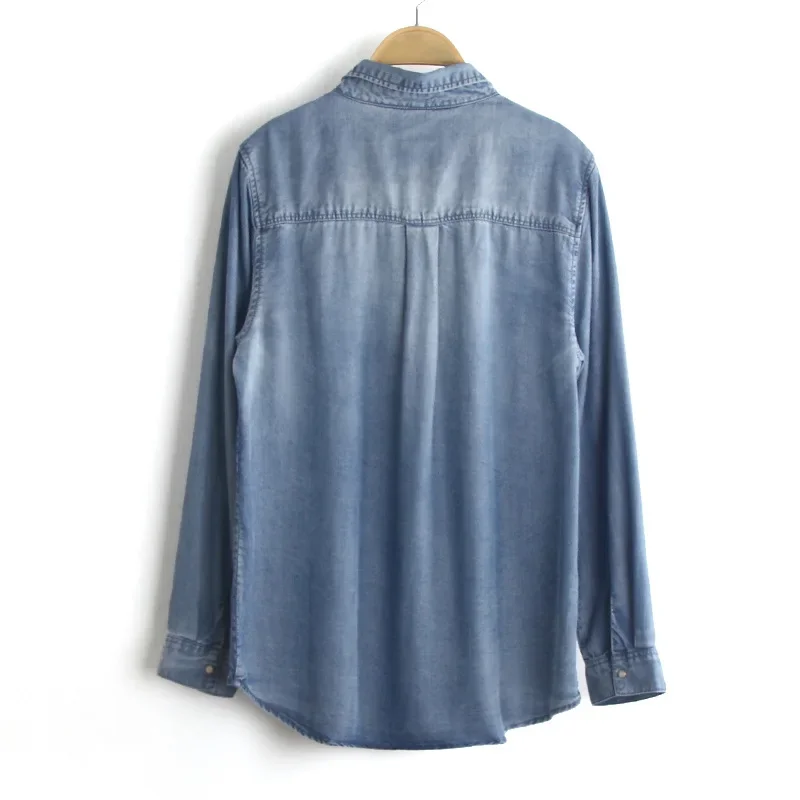 Женская прямая повседневная джинсовая рубашка с асимметричным карманом спереди