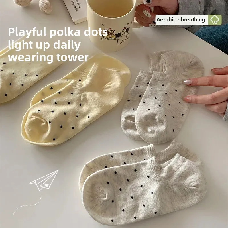 Women's Invisible Boat Socks Pure Cotton Summer Thin Style Cute Polka Dot Design Anti-Slip Anti-Odor Breathable Short