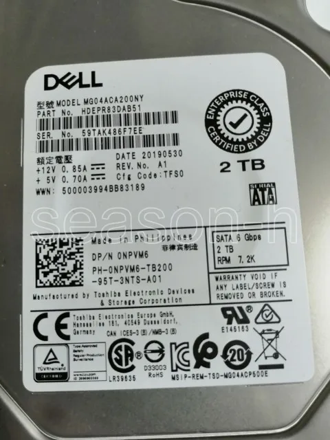 

Жесткий диск hdd Dell 2T SATA 3,5 '7,2 K 6 ГБ 0NPVM6 MG04ACA200NY серверы