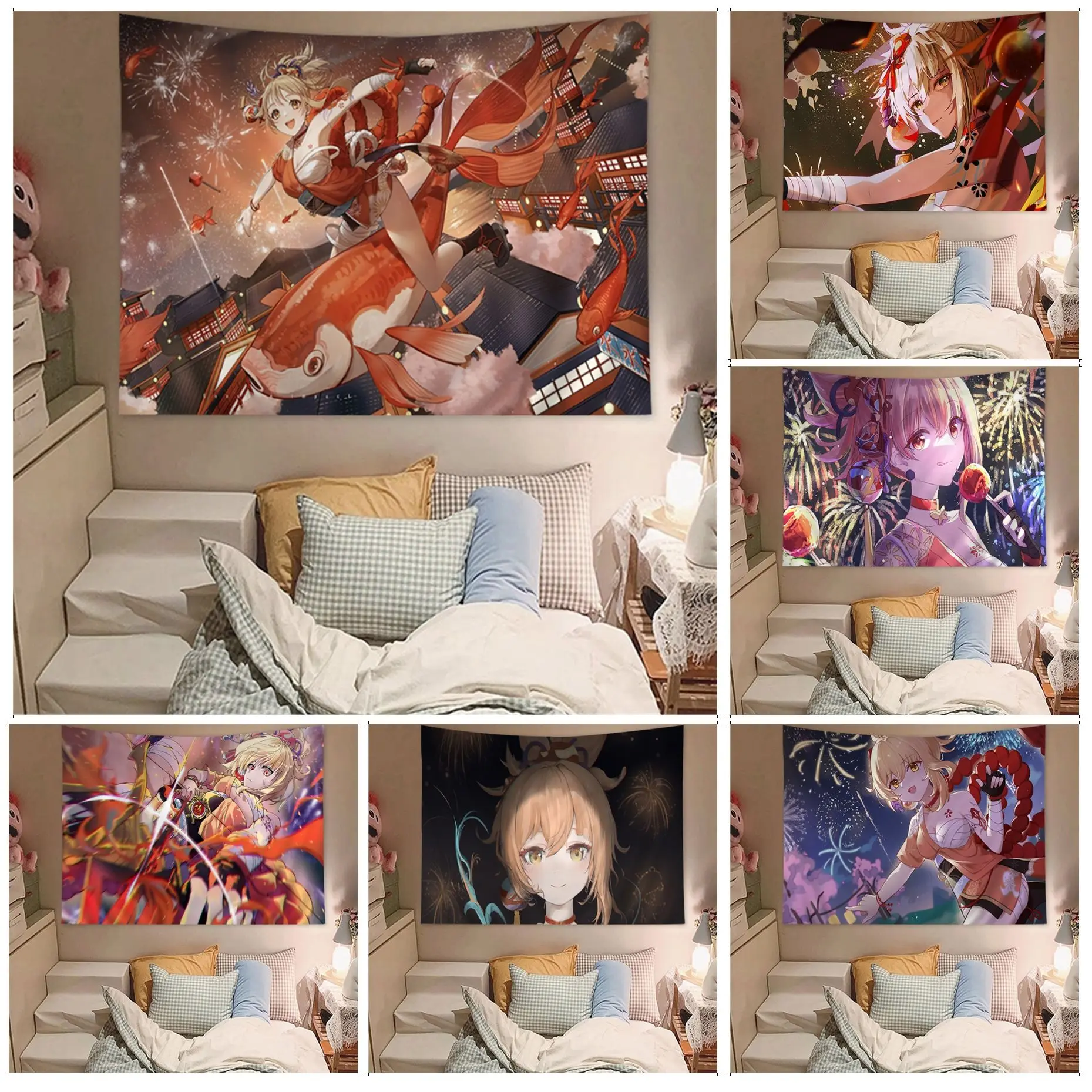 

Genshin Impact Yoimiya Anime Tapestry Indian Buddha Wall Decoration Witchcraft Bohemian Hippie Art Home Decor