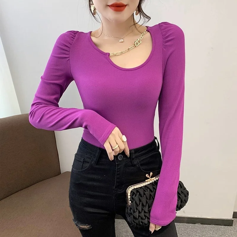 

#5732 Basic Short T Shirt Women Skew Collar Casual Long Sleeve T Shirt Women Stretch Cotton Casual T-shirts Girls Solid Color