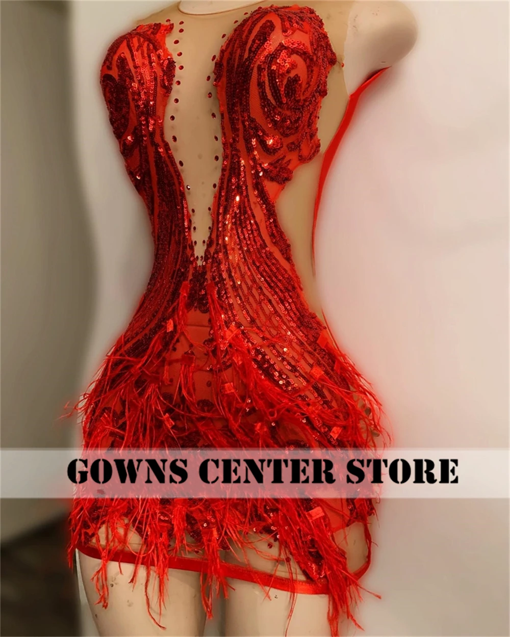 

Sexy Red Short Prom Dresses 2023 Sparkly Sequins Beads Feathers Cocktail Party Dresses Black Girls Homecoming Gowns Robe De Bal