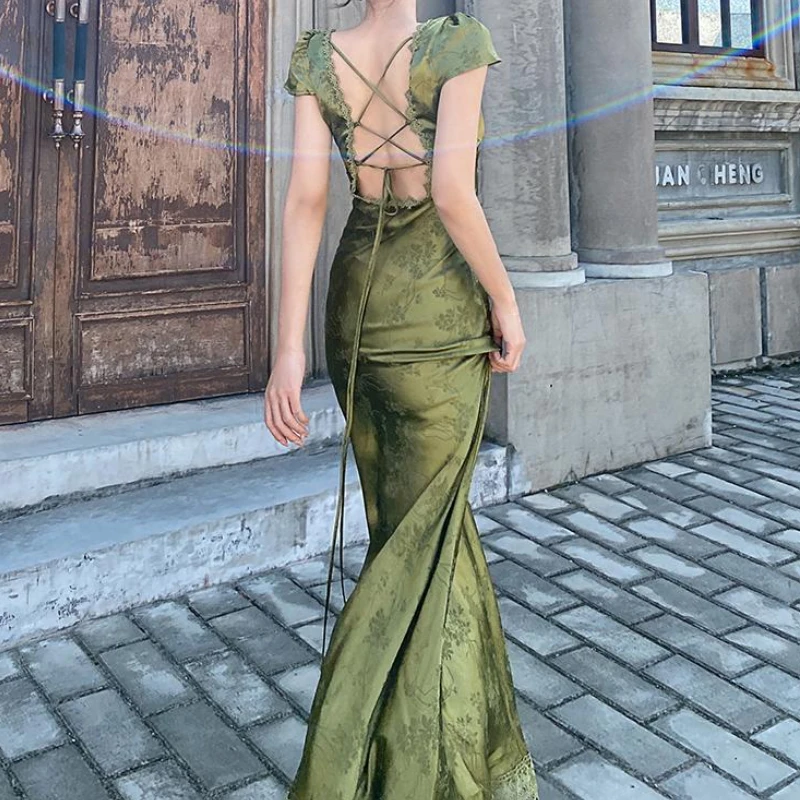 

Elegant Green V-Neck Satin Jacquard Dress Summer Women's Backless Sexy Maxi Dress Ladies Robe Vintage Vestidos Female Clothing
