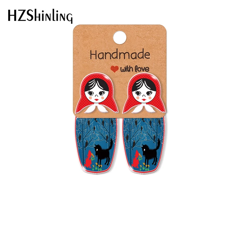 

2021 New Russian Doll Acrylic Stud Earring Little Red Riding Hood and Wolf Epoxys Resin Jewelry Handmade Items Gifts Girl