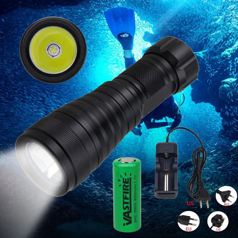 Diving Flashlight IP68 Highest Waterproof Rating Super Bright Professional Diving Light Powered by 26650 Battery With Hand Rope