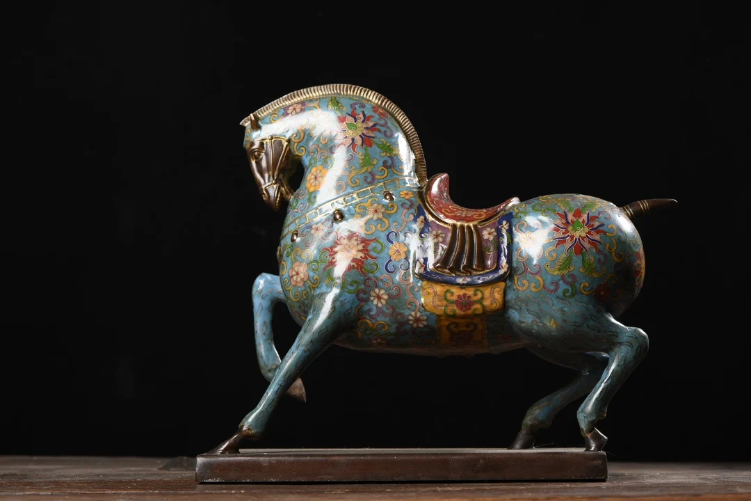 

15"Tibetan Temple Collection Old Bronze Cloisonne Enamel Horse Tang horses succeed easily Amass wealth Town House Exorcism