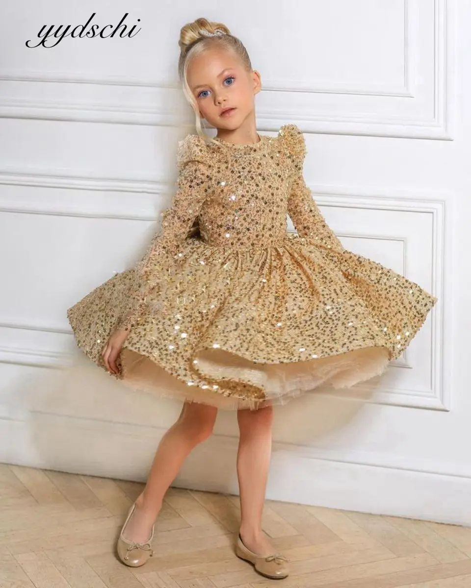

Princess Gold Flower Girl Dresses For Weddings 2022 Sequins For Kids Tulle Bow Gowns Long Sleeves Ball Gown Vestidos De Novia