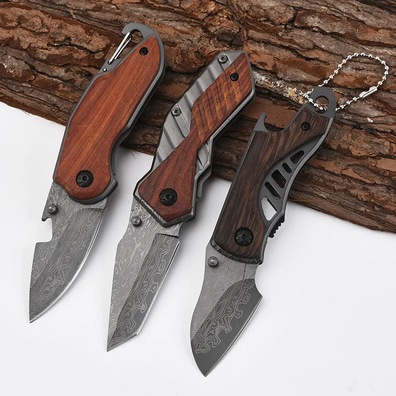 

Portable Small Folding Knife with Wooden Handle Multipurpose Outdoor Camping Self-defense Adventure Demolition Express Knife