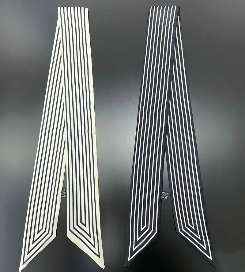 

Geometric Stripe Print Women Elegant Fashion Skinny Small Bag Twill Silk Scarf Head Hair Handle Tie Scarf For Women