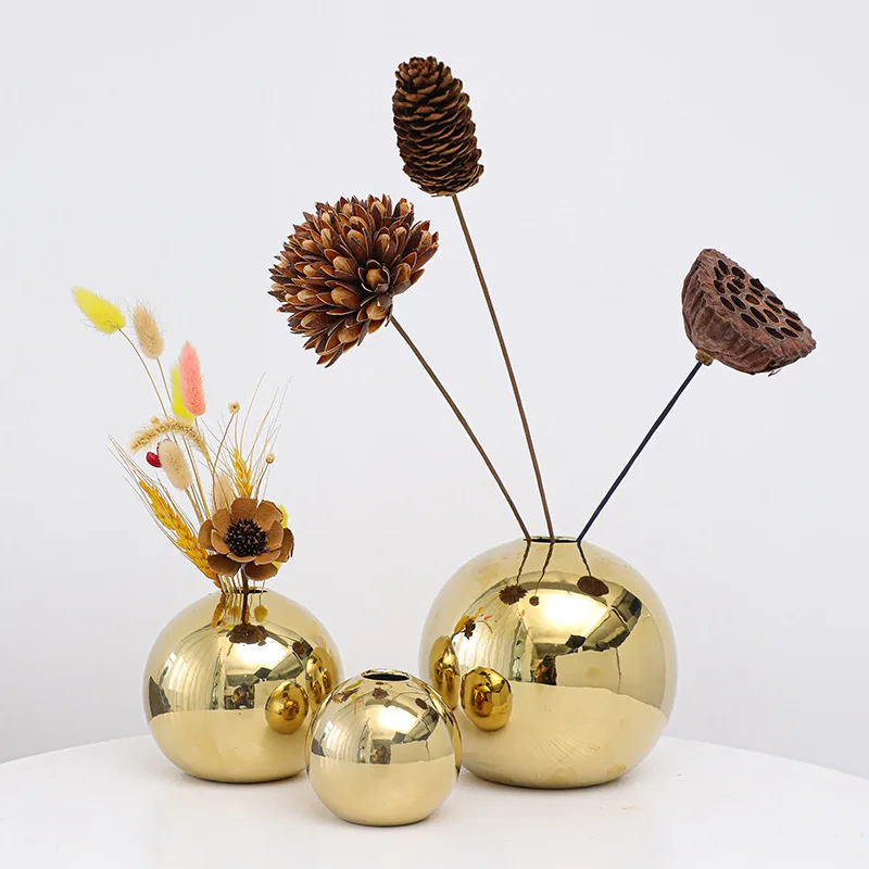 

1-3Pcs Golden Electroplated Ceramic Ball Flower Vase Modern Art Pot for Interior Home Living Room Office Table Desk Decoration