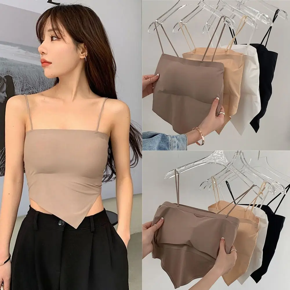 

Ice Silk Casual Wear Breathable Chest Pad Beautiful Back Basic Vest Short Top Spaghetti Strap Vest Irregular Hem
