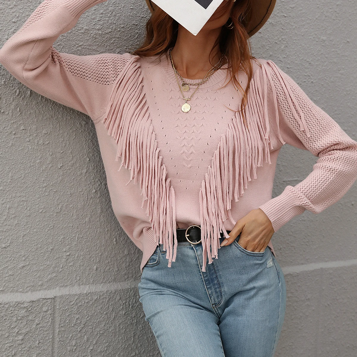 

Pullover Sweater Women's loose solid color knitwear Fashion tassel sweater