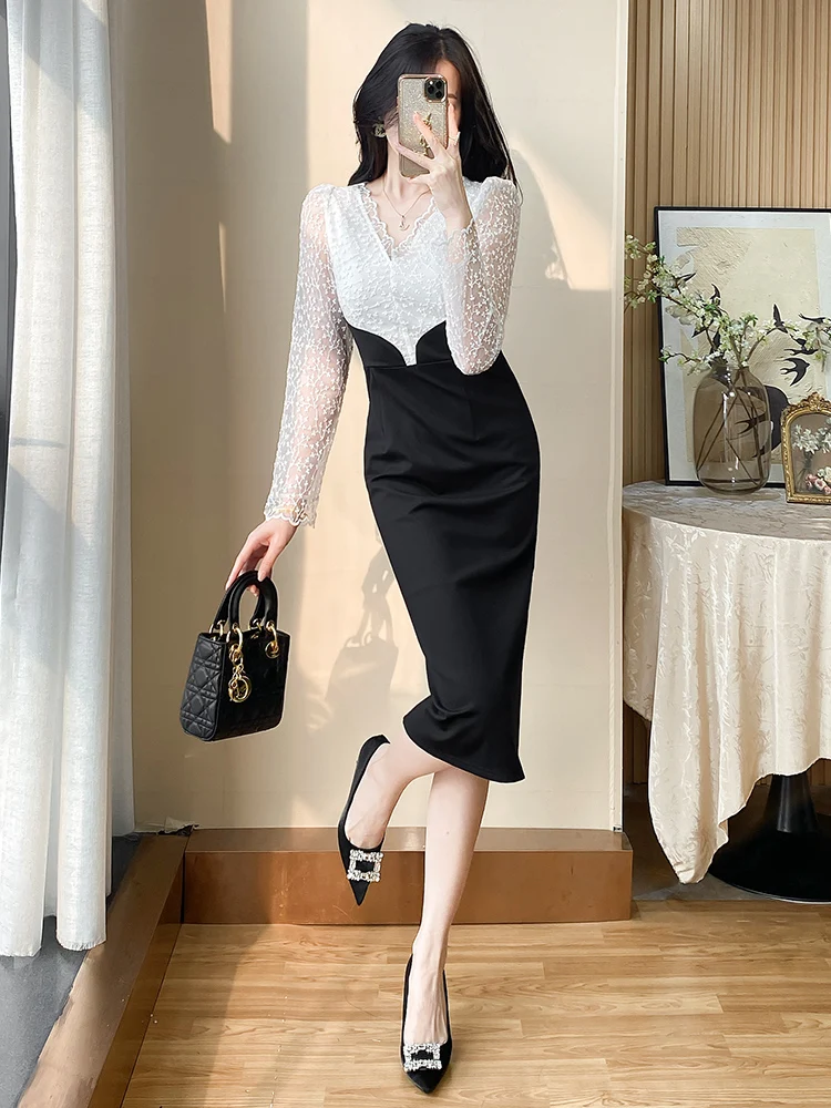 Кружевное платье новинка 2024 женская осенняя юбка с длинными рукавами и v-образным