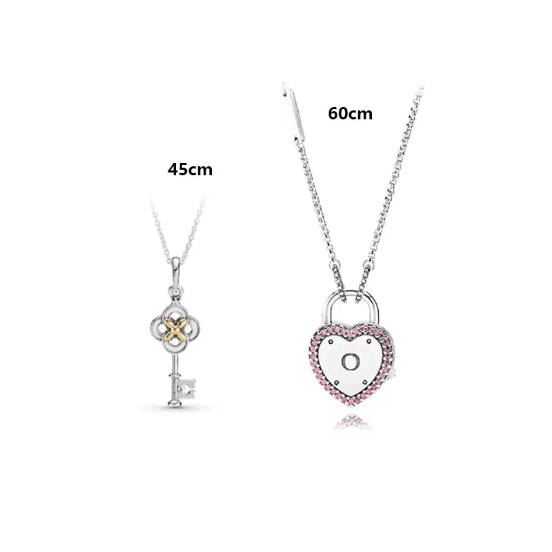 

LR Pan-Style S925 Sterling Silver Necklace For Women 60cm Neck Chain With Key Flower Lock Pendant Chocker Valentine's Day Gift