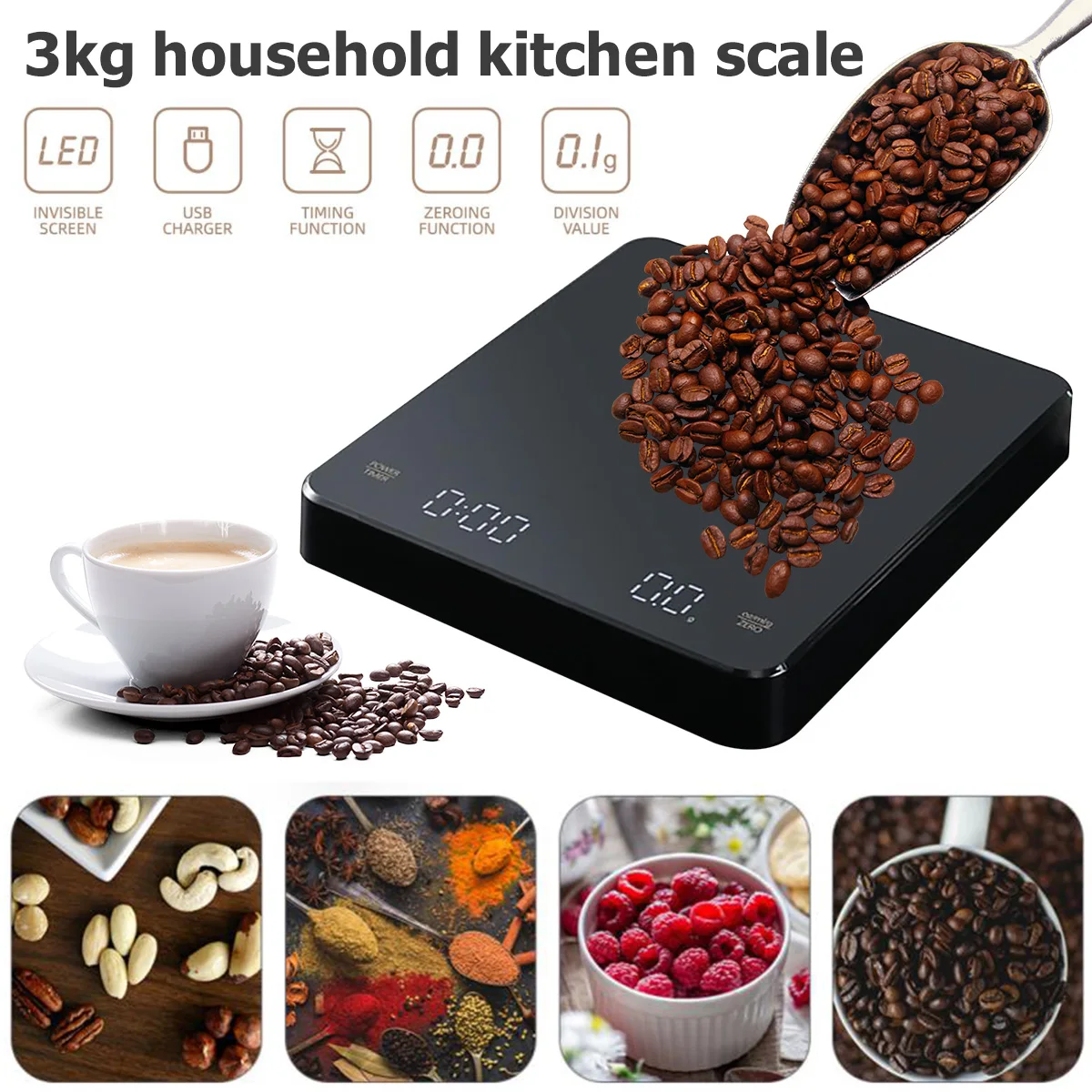 

L Kitchen Scale Coffee Scale USB Charging Kitchen Food Scale Food Electronic Scale High Accuracy Cooking Scale Pocket Scale wit