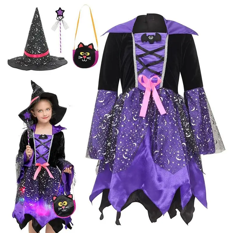 

Halloween Witch Costume Sets Deluxe Witch Dress Outfit Cosplay Party Dress Accessories Fairy Tale Dress Up For Girls 3-12