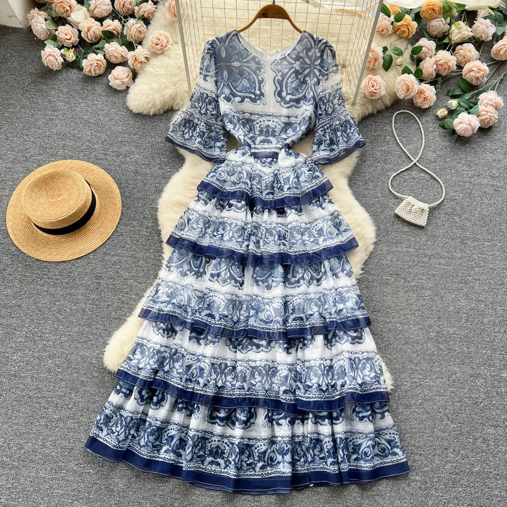 

European and American French Retro Court Style Fashion Print Flared Short Sleeve Cake Hem Dress