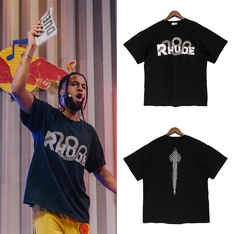 

RHUDE T Shirt Retro Coiled Snake Bone Print High Street Loose Men's and Women's T-shirts